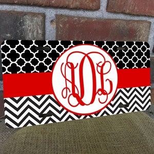 Custom License Plate, Monogram License Plate, Red, Black, White, Personalized Plate, Clover, Chevron