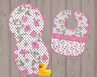 Pink Rose bib and burp cloth set, rose baby shower gift,girl bib,girl burp cloth,baby set,baby shower,polka dot gift, newborn baby gift