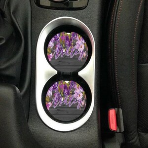 Car Coaster set of 2,name car coaster,car decor,name,car,cup holder,name cup holder,flowers,dark wood,floral,modern,custom,personalized
