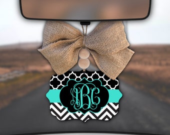 Teal Car Charm,Monogram Car Charm,Chevron Car Charm,Black Chevron,Car Charm for Rear View Mirror,Car Mirror Charm,Car Decor,Car Accessory