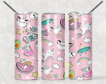 Pink tumbler,emoticon tumbler,unicorn tumbler,sublimated tumbler,skinny tumbler,custom tumbler,gift for girl,narwhal lover,unicorn lover