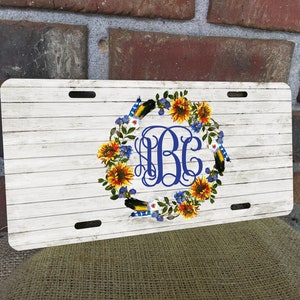 White Shiplap License Plate,floral,monogram license plate,monogram,sunflower,custom license plate,personalized plate,custom,personalized