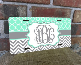 License Plate,monogram license plate,monogram,chevron,custom license plate,personalized license plate,custom,personalized,clover,teal,grey