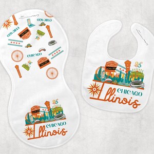 Conjunto de babero y paño de eructo de Chicago, ducha de bebé de Chicago, babero de niña, babero de niño, conjunto de bebé de Chicago, ducha de bebé, Illinois, regalo de bebé recién nacido, bebé de Illinois