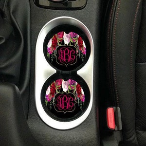 Car Coaster set of 2,Monogram car coaster,Car decor,monogram,cup holder,monogram cup holder,pink,black,floral,personalized,initials,flowers