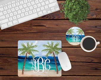 Mouse Pad and Coaster Set,Monogram desk set,beach,sea,sand,desk decor,beach desk set,palm,mouse pad,car,desk set,monogram,custom,mousepad