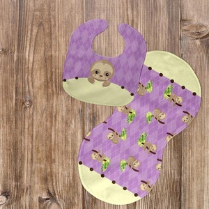 Sloth bib and burp cloth set,sloth baby shower,girl bib,girl burp cloth,purple baby set,baby shower,sloth,newborn baby gift,purple sloth