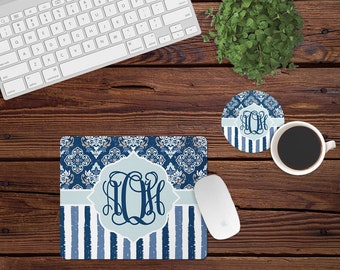 Navy and light blue monogram mouse pad set for desk with custom monogram