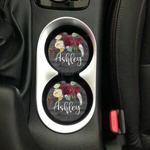 Car Coaster set of 2,name car coaster,car decor,name,car,cup holder,name cup holder,flowers,floral print,floral,dark wood,rustic,white