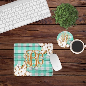 Mouse Pad and Coaster Set,Monogram desk set,mint,gingham,cotton,stripes,country,desk decor,mouse pad,desk set,monogram,custom,mousepad