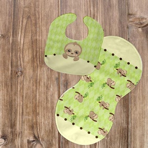 Sloth bib and burp cloth set,sloth baby shower,girl bib,boy burp cloth,neutral baby set,baby shower,sloth,newborn baby gift,green sloth