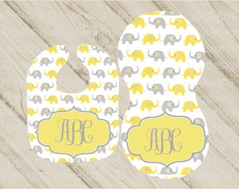 Elephant bib and burp cloth set,elephant baby shower,girl bib,boy burp cloth,baby set,yellow gift set,grey set,baby gift,cute elephants