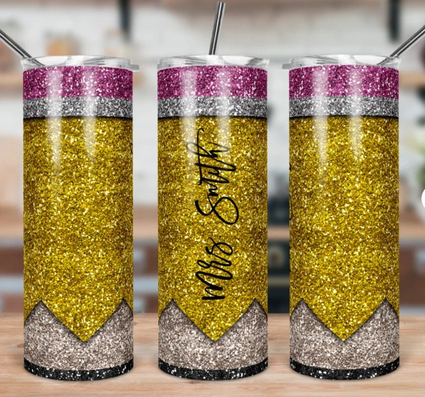 glitter teacher pencil tumbler,yellow tumbler,pink tumbler,gift for teacher ,sublimated tumbler,skinny tumbler,custom tumbler,Teacher,school