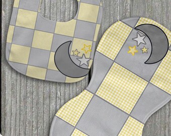 Stars bib and burp cloth set,baby shower gift,unisex baby gift,neutral baby gift,burp cloth,baby set,newborn gift,baby boy gift,moon