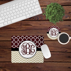 Mouse Pad and Coaster Set,Tan Chevron desk set,tan,white,desk decor,beige,mouse pad,car,desk set,burgundy,monogram,custom,mousepad,coaster