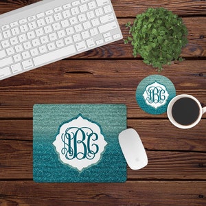 Mouse Pad and Coaster Set,Monogram desk set,teal,glitter,teal glitter,desk decor,ombre,mouse pad,car,desk set,white,monogram,custom,mousepad