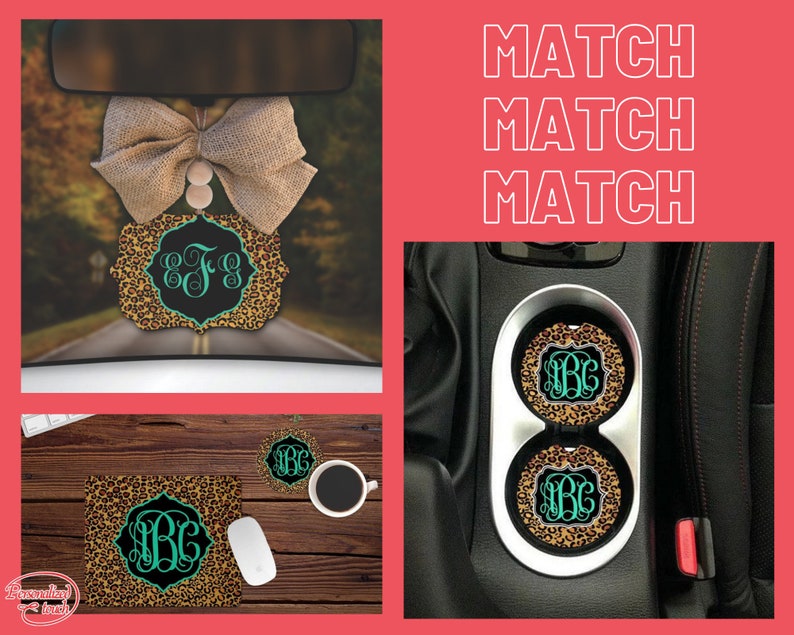 May include: A matching set of car accessories featuring a leopard print design with a monogram in a teal green colour. The set includes a car air freshener, two cup coasters, and a desk mat. The text "MATCH MATCH MATCH" is displayed in white on a pink background.