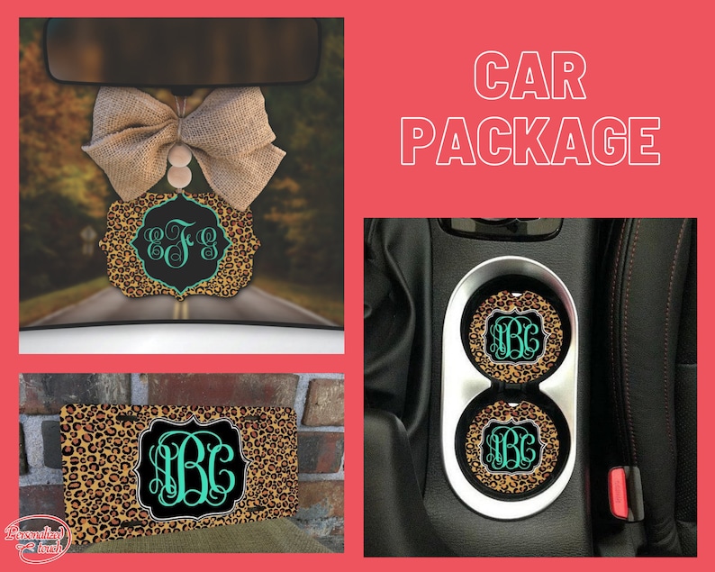 May include: Car package featuring a leopard print design. The package includes a rearview mirror charm, two cup coasters, and a license plate frame. All items feature a monogram with the initials "B.G." in a teal colour.
