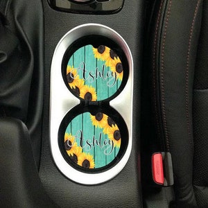 Car Coaster set of 2,name car coaster,car decor,name,car,cup holder,name cup holder,flowers,floral print,floral,teal,wood,rustic,sunflowers