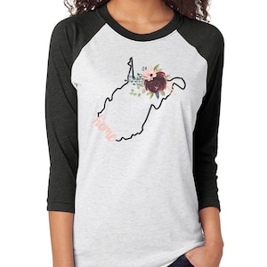West Virginia raglan,WV,WV shirt,West Virginia shirt,floral,West Virginia,state shirt,baseball t,state,boho,home,West Virgina home