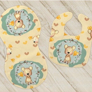 Baby Bear bib and burp cloth set,bear baby shower gift,girl bib,boy burp cloth,baby set,newborn gift,heart gift set,baby boy gift,hearts