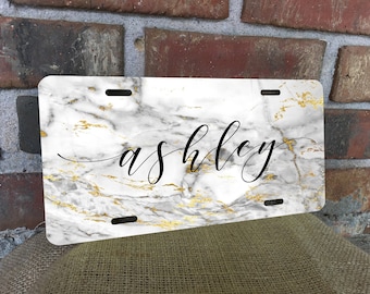 Marble White License Plate,monogram license plate,gold,monogram,white,custom license plate,personalized,white marble,marble plate,black