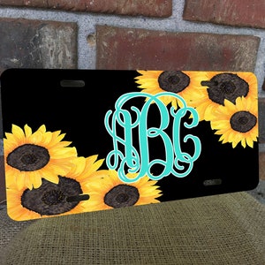 Yellow sunflower and black front license plate with custom monogram