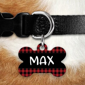 Plaid dog tag,red Plaid ID tag,Puppy Tag,Name Tag,Cute Dog Tag,Personalized Dog Tag,Dog ID tag,Personalized Bone dog tag,Custom pet Tag