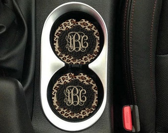 Car Coaster set of 2,Leopard,Monogram car coaster,Car decor,monogram,car,cup holder,monogram cup holder,leopard print,brown,black,cursive