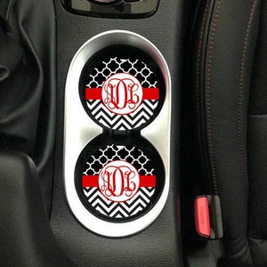 Car Coaster set of 2,chevron,Monogram car coaster,Car decor,monogram,car,cup holder,monogram cup holder,chevron print,black,white,red,clover