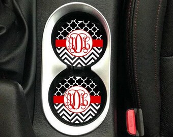 Car Coaster set of 2,chevron,Monogram car coaster,Car decor,monogram,car,cup holder,monogram cup holder,chevron print,black,white,red,clover