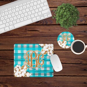 MousePad und Untersetzer Set,Monogramm Schreibtisch Set,teal,Gingham,Baumwolle,Streifen,Land,Schreibtisch Dekor,Mauspad,Schreibtisch Set,Monogramm,custom,Mousepad
