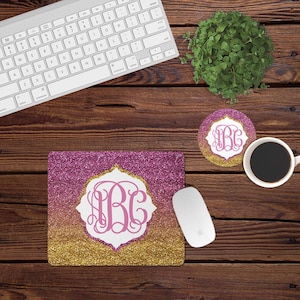Mouse Pad and Coaster Set,Monogram desk set,gold desk set,pink,desk decor,glitter,sparkle,mouse pad,car,desk set,monogram,custom,mousepad
