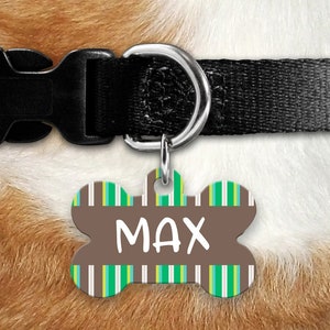 Id. de mascotas de la raya, etiqueta de identificación marrón y verde, etiqueta del cachorro, etiqueta del nombre, etiqueta del perro lindo, etiqueta de perro personalizada, etiqueta de identificación del perro, etiqueta del perro del hueso personalizado, etiqueta del animal doméstico personalizado