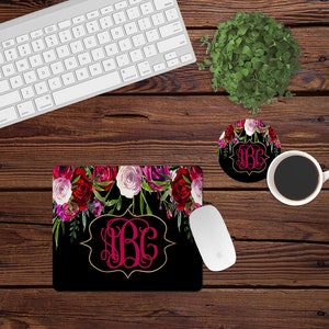 Mouse Pad and Coaster Set,Monogram desk set,black,pink,roses,flowers,desk decor,floral,mouse pad,car,desk set,monogram,custom,mousepad