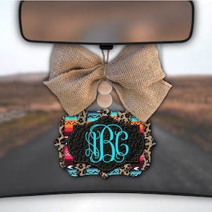 leopard and serape teal car charm for the rear view mirror with custom monogram