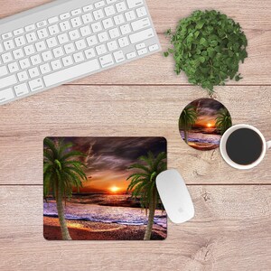 Mouse Pad and Coaster Set,Sunset desk set,sunrise desk set,desk decor,mouse pad,car,desk set,sea,sand,beach,sunrise,mousepad,coaster,palm