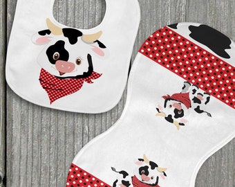 Cow Bib and Burp Cloth Set, Farm Baby Shower Gift