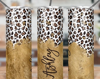 golden leopard print tumbler,golden tumbler,leopard print tumbler,sublimated tumbler,skinny tumbler,custom tumbler,cute tumbler,gift for her