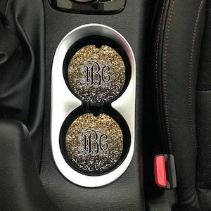 Car Coaster set of 2,Monogram car coaster,Car decor,monogram,car,cup holder,monogram cup holder,gold,glitter,black,cursive,gold glitter