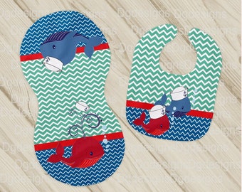 Whale Bib and Burp Cloth Set, Sailing Whale, Chevron Baby Shower Gift