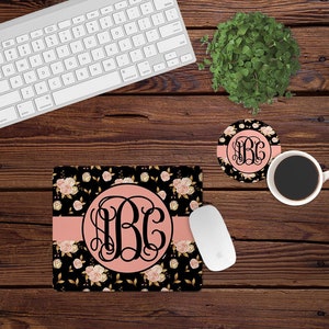 Mouse Pad and Coaster Set,Monogram desk set,black,pink,roses,flowers,desk decor,floral,mouse pad,car,desk set,monogram,custom,mousepad