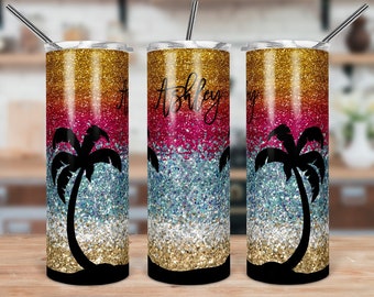 Beach tumbler,palm tree tumbler,sunset tumbler,glitter tumbler,ombre,custom tumbler,skinny tumbler,beach lover,beach gift,gift for her,gift