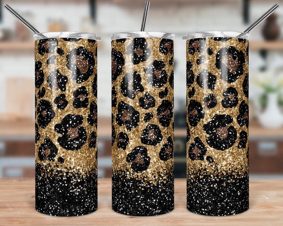 Black Leopard Tumbler, Leopard Print Skinny Tumbler with Lid and