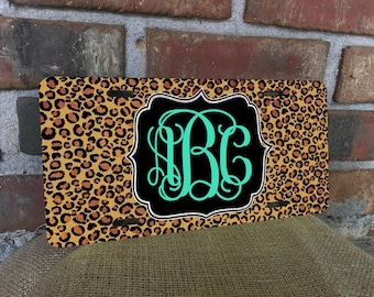 Placa de matrícula con estampado de leopardo, placa frontal de aluminio con monograma personalizado