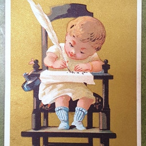 Cartão publicitário F.M. BOWLIN Harlan, Iowa Caneta de escrita para bebês, fogões de tinta e anúncio de papel aquecedor, criança em cadeira alta de madeira velha