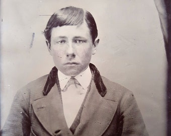 Tintype Photo - 3 1/4 X 2 3/8 inches - Young Man Dressed in His Best, Slick Hair- Simple Background.  Picture, Photo, Photograph, Portrait