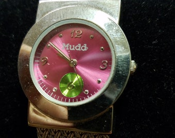 Vintage Mudd Ladies Watch Silver Band, Pink Face  with a New Battery