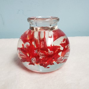 Beautiful KENT HELMS Blown Glass Paperweight Candle Stick/Holder w Red Flowers-Bubble escaping the center-Selling the smaller of two (On Rt)