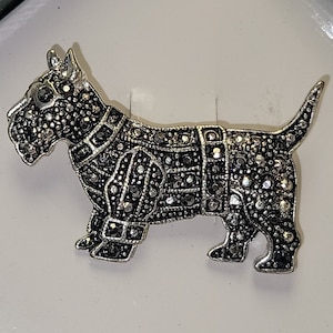 Scottie Dog Brooch Pin, Scottish Terrier Pin / 90s Dog Jewelry / Vintage Marcasite Rhinestones In Original Gift Box